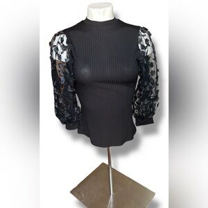 Elegant Black Top with Sheer Floral Sleeves